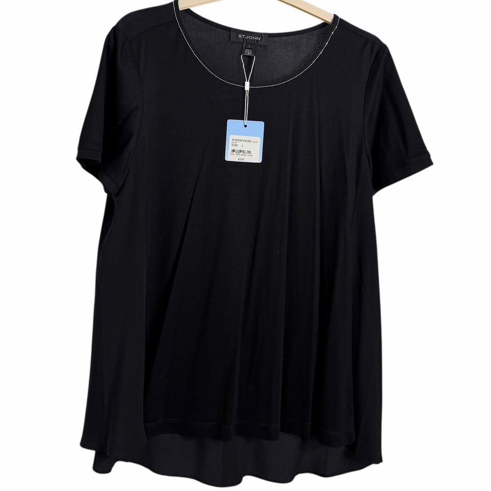 St. John Black Silk Short Sleeve Blouse Caviar - Picture 3 of 10